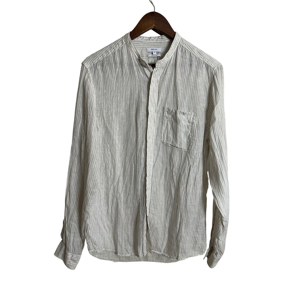 Reiss 100% Linen Grandad Band Collar Sage Green White Stripe Shirt Mens S